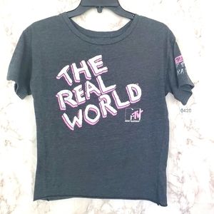 MTV The Real World T-Shirt Cropped Raw Hem Gray Sm
